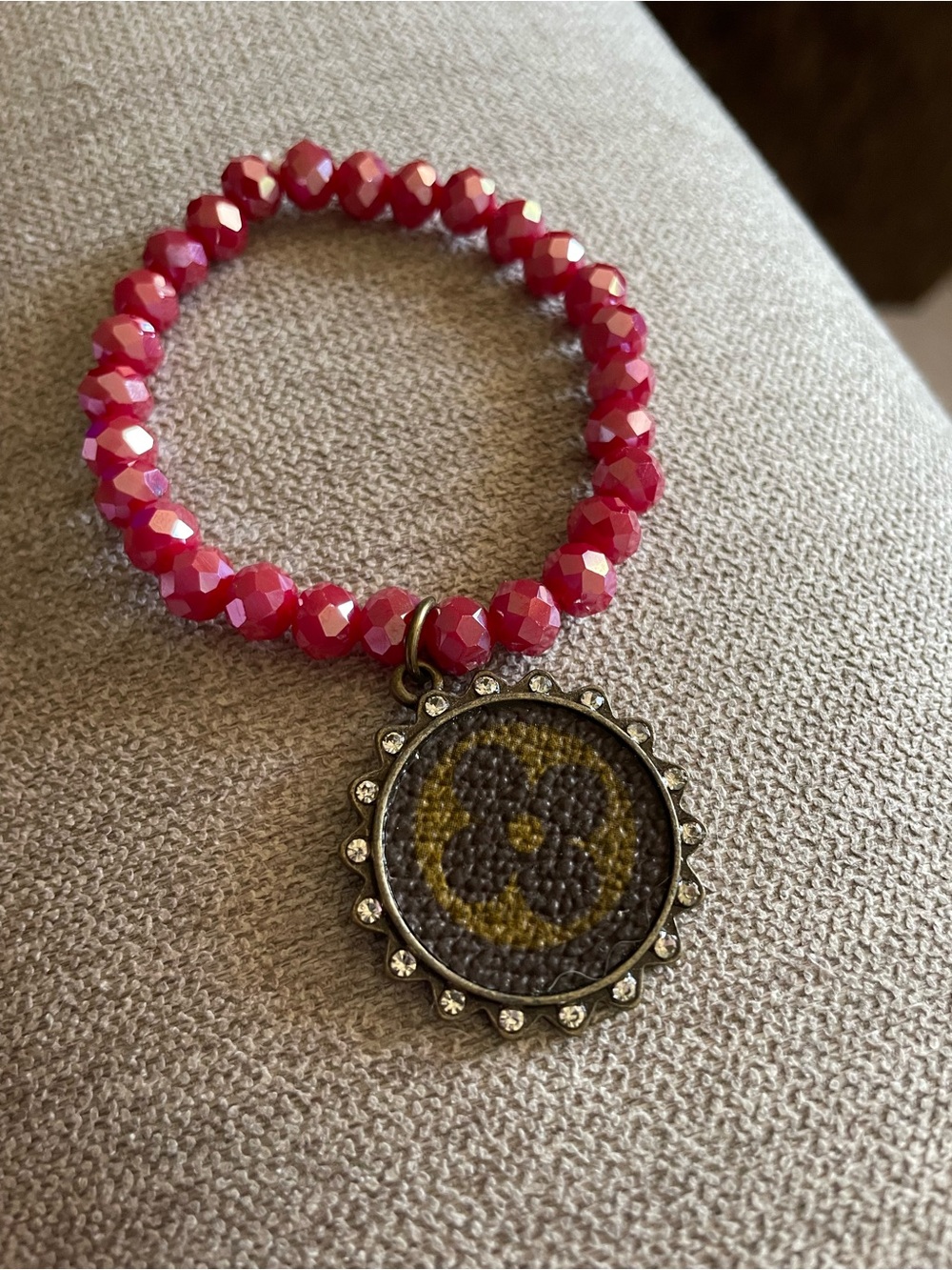 Louis Vuitton Red Faceted Bead Bracelet with Monogram Crystal Pendant